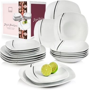 ПЕВЕЦ Bilgola Black Lines Фарфоровый столовый сервиз, набор посуды из 18 предметов на 6 персон, набор тарелок, квадратный столовый сервиз 18 предм.