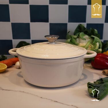 Чавунна каструля Chefarone 24 см, Емальована каструля з кришкою для випікання хліба, тушкування та запікання Хлібна каструля, сумісна з індукцією (вершки, 4,7 л)