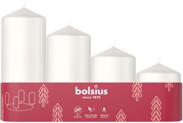 Свічки Bolsius Smooth Pillar - Набір з 4 шт. - Різні розміри - Декоративні побутові свічки - Тривалий час горіння - Без запаху - З натуральним рослинним воском - Без пальмової олії - Різні розміри (білі, різні розміри)