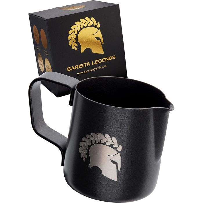 Глечик для молока Barista Legends з нержавіючої сталі 350 мл зі спеціальним носиком для лате-арту - Глечик для спінювання молока з високим глянцевим покриттям - Глечик для молока Barista з нержавіючої сталі - Аксесуари Barista (чорний 100 мл)