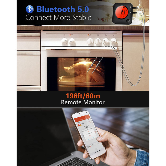 Метровий термометр для гриля Bluetooth, бездротовий термометр для м'яса з 4 зондами з нержавіючої сталі, великий РК-дисплей, термометр для смаження Bluetooth для гриля, коптильні, духовки, барбекю (з 2 зондами), 100-