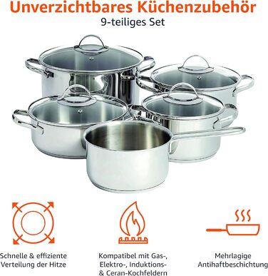 Набір посуду Kitchen-Profi Basics з 11 предметів з нержавіючої сталі для індукції з кришками, сріблястий (9 предметів)