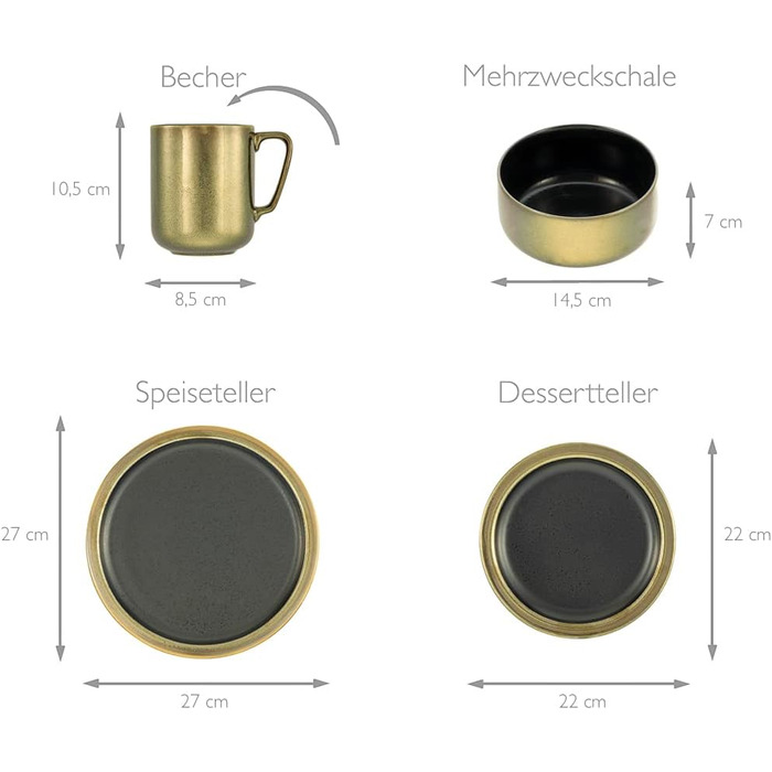 Набір посуду на 4 персони, 16 предметів, чорний/золотистий Modern Industrial Creatable
