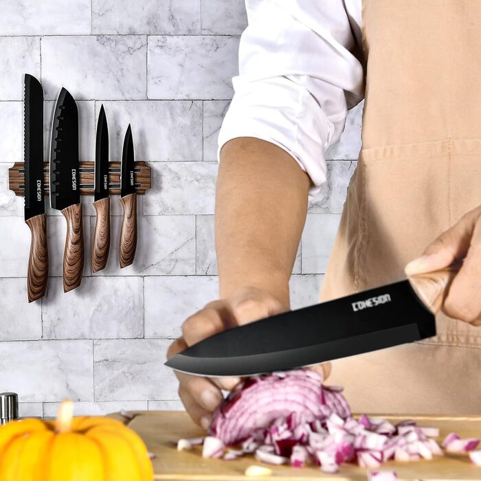 Ніж Santoku Кухонний ніж Гострий ніж для м'яса, професійно викуваний з імпортної високовуглецевої нержавіючої сталі з красивим магнітним тримачем для ножів - Meteorites (набір ножів із 5 предметів), 7