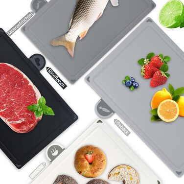 Набір обробних дощок BOCHION, пластикові дошки з іконками продуктів та піддоном, нековзні та без BPA, антибактеріальні дошки для риби, овочів, фруктів, мяса, хліба (набір з 4, чорний, білий, сірий)