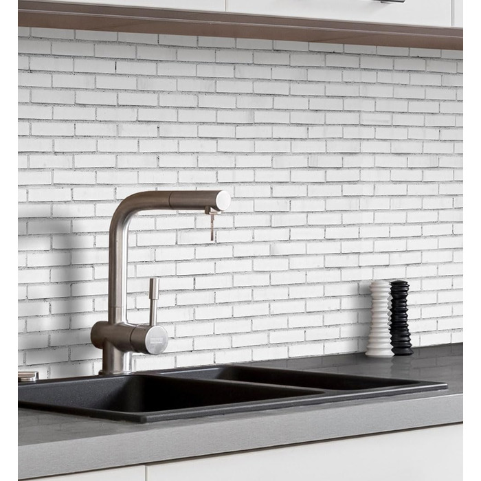 Самоклеюча кухонна панель - матова, преміальна бризкозахисна плівка 0,4 мм як доступна альтернатива склу, легке встановлення та очищення - висота 60 см - Дизайн Світло-сірий мармур 180 x 60 см (Біла плитка, Ш 60 см x В 60 см, 0,2 мм)