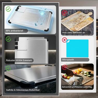 Разделочная доска из нержавеющей стали 38 x 28 см с точилкой для ножей и силиконовыми уголками Bafeil