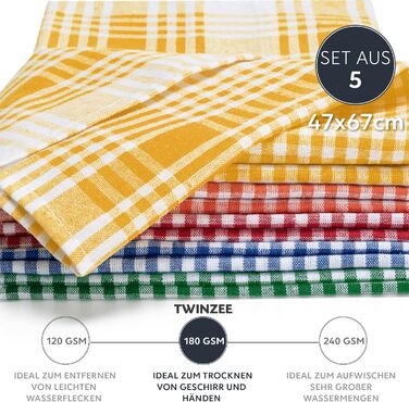 Набір кухонних рушників Twinzee з картатою бавовною 0 Oeko-TEX - 67 x 47 см - Кухонні рушники в ретро-шикарному стилі - Рушники для посуду та чаю - 2 синіх, 2 червоних, 2 зелених, 2 жовтих рушники (різнокольорові, 5)