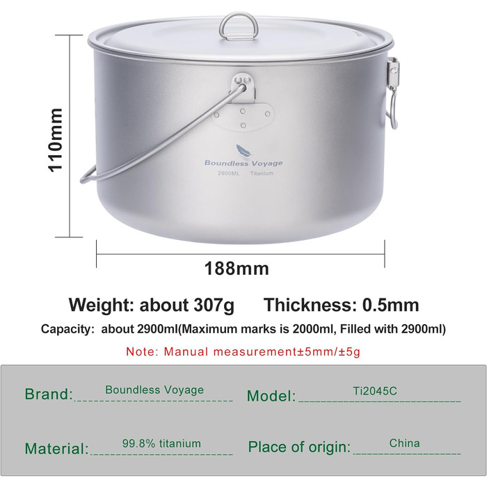 Титановый горшок 1,3 л / 1,95 л / 2,9 л Кемпинг Подвесной горшок Суп Горшок с крышкой Уличная посуда Легкая чаша чайника Походная кухонная утварь Портативная посуда Кухонный набор для 1-4 человек Ti2045C-2900 мл Горшок