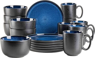 Сучасний набір посуду на 6 персон у захоплюючому вінтажному образі, сервіз для сніданку з 18 предметів з кераміки сірого та чорного кольорів, керамограніт (посуд для сніданку 18 шт., синій), 934020 Series Niara