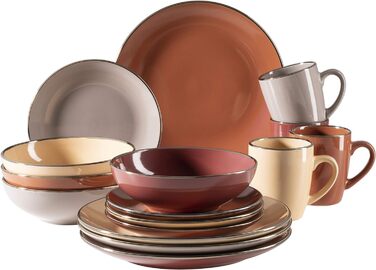 Сучасний набір посуду для 4 осіб з обідком латунного кольору, комбінований набір із 16 предметів з купе без обідка, барвистий, керамограніт, природа, 931871 Metallic Rim