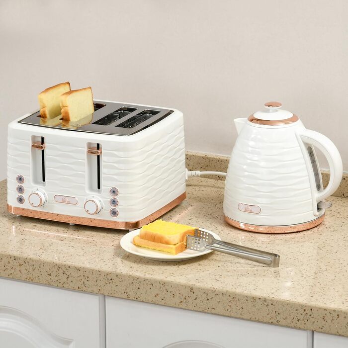 Набір для сніданку HOMCOM Kettle Toaster Set з чайником 1,7 л, тостером на 4 скибочки, 2200 Вт, 7 рівнів підрум&39янення, розморожуванням, розігрівом та лотком для крихт, термостатом Otter, кремово-білим