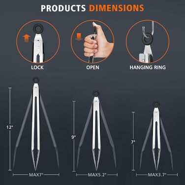 Щипці для гриля HOTEC з нержавіючої сталі з термостійкою силіконовою ручкою, металеві щипці, що замикаються, нековзне покриття, 23 см та 30,5 см (чорні) (сріблясті-3)