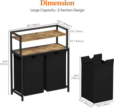 Кошик для білизни Lifewit, відро для білизни, 95 л, легко знімається, кошик для білизни з великою полицею зверху, 2 знімні кишені, ручки, кошик для білизни 2 відділення, пральня, спальня, ванна кімната, гуртожиток, чорний