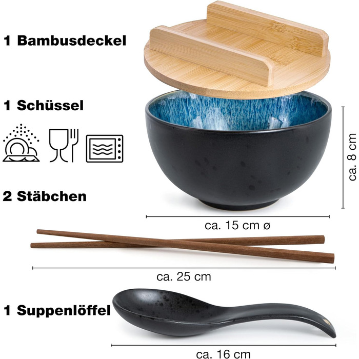 Набір Ramen Blue Reactive, включаючи кришку та ложкуНабір чаш для рамену на 4 особи для супу, фо та суші-боулу ( миска), 4 шт.