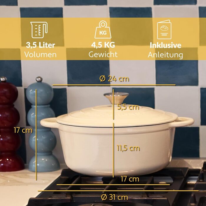 Чавунна жаровня 3,5 л з кришкою 24 см, кремова Chefarone