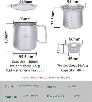 Мл Титановий чайник 120 мл і 180 мл Набір чашок з фільтром і кришкою Одношарова кавова кружка Садовий пікнік Набір чайників Портативний легкий туристичний посуд для кемпінгу на відкритому повітрі Ti3127D (кухоль Ti3126d-500 мл з набором чашок по 40 мл), 5