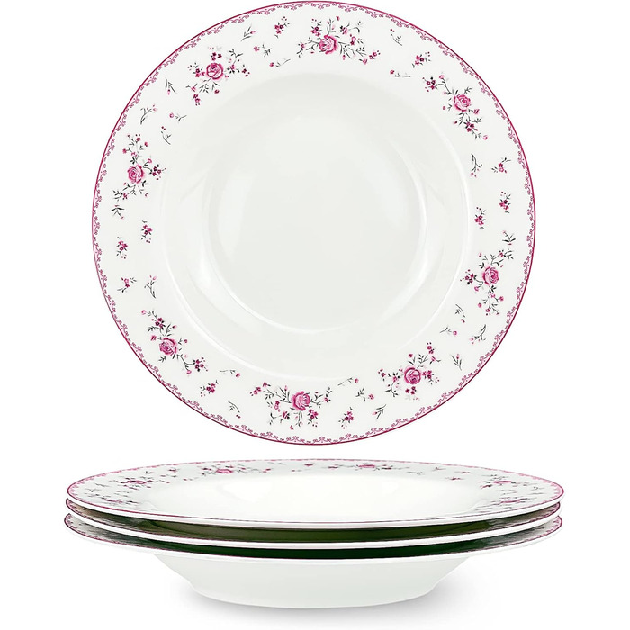 Набір обідніх тарілок fanquare з 4 плоских тарілок з білого порцеляни Ø 275 мм, Royal Vintage, рожеві квіти, для кейтерингу та домашнього використання, обідня тарілка 10,8 дюйма (миска для супу 8,6 дюйма)