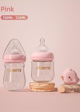 Скляні дитячі пляшечки Oberni з силіконовою соскою, розмір 1, пляшечка для молока з широким горлом, дитяча пляшечка з антиколіковим клапаном для новонароджених від 0 місяців, 150 мл, сині, (рожевий/2 шт.)