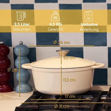 Чавунна жаровня 3,5 л з кришкою 24 см, кремова Chefarone