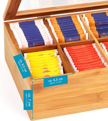 Бамбукова чайна коробка GRWE з 10 відділеннями, кришкою на петлях, оглядовим віконцем, коробка для чайних пакетиків для зберігання чаю з захистом від аромату - 36 x 20 x 9 см Бамбук, велика - 10 відділень