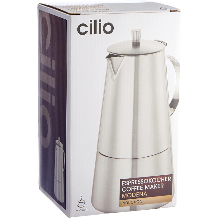 Кавоварка Cilio Espresso MODENA, Нержавіюча сталь, Підходить для всіх типів плит , Ø 8.5 см , Можна мити в посудомийній машині , Мокко каструля , Кавоварка еспресо , Кемпінгова кавоварка (6 чашок)