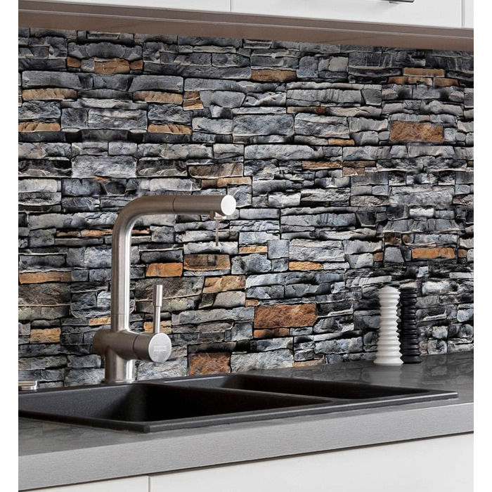 Самоклеючий кухонний фартух - матовий, преміальна бризкозахисна плівка 0,4 мм як доступна альтернатива склу, легке встановлення та очищення - висота 60 см - Дизайн Світло-сірий мармур 180 x 60 см (Сірий камінь, Ш 80 см x В 60 см, преміум армований 0,4 мм)