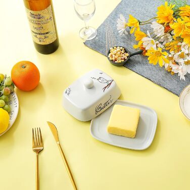 Маслянка з ручкою для 250 г вершкового масла, високоякісна кераміка, білий колір з квітковим та бджолиним візерунком, порцеляна, класична маслянка, маслянка, контейнер для масла, коробка для масла, можна мити в посудомийній машині (типу &quotптах&quot).