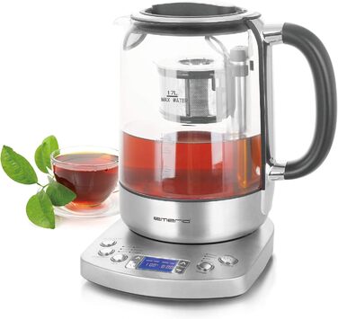 Скляний чайник Emerio WK-122248 ПЕРЕМОЖЕЦЬ ТЕСТІВ з повністю автоматичним чайним ситечком 1.3 класу, автоматичне опускання, боросилікатне скло, без BPA, об&39єм 1.7 л, вибір температури, 2200 Вт, чорний/срібний
