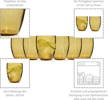 Набір склянок для пиття Singer Набір скляних склянок Porto з 6 предметів для 6 осіб, склянка для води, різнокольорова, унікальна нарізка, повсякденний, сімейна вечеря, офіс, набір склянок для соку на відкритому повітрі 310 мл (лондонський бурштин 6 шт.)