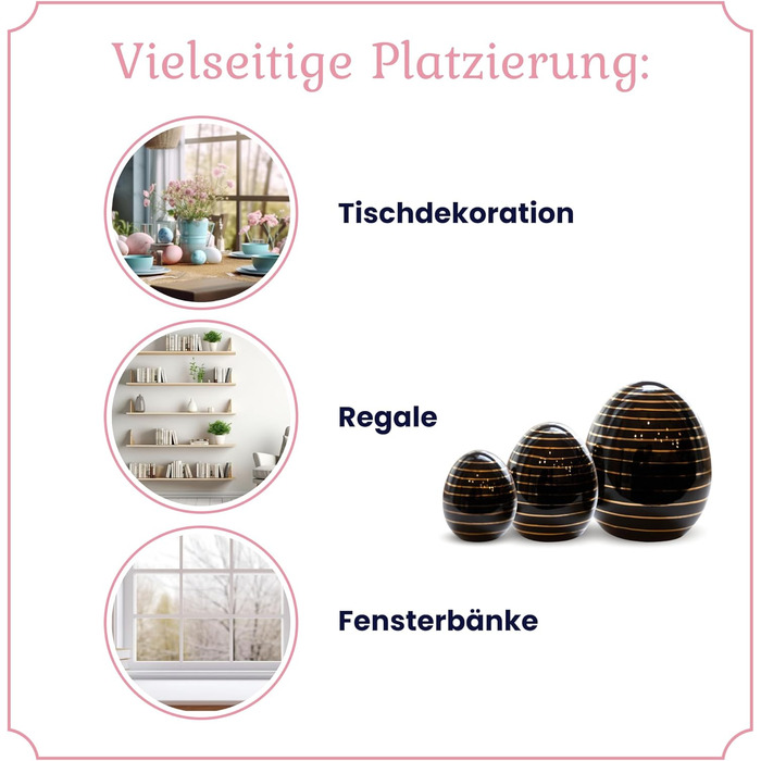 Набір декоративних фігурок Heitmann керамічна пасхальна прикраса під порцеляну, для встановлення, біла, приблизно 12,5 x 10,5 x 8 см (яйця - чорні із золотим декором)