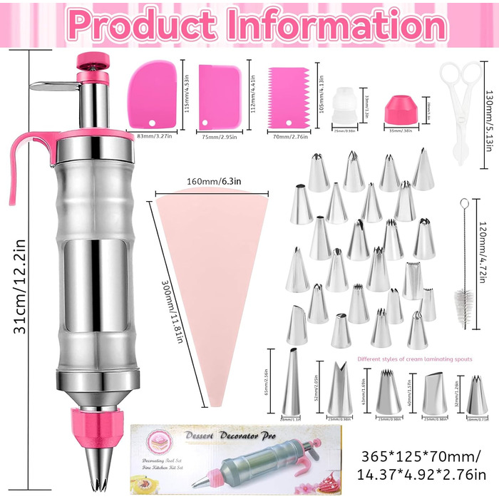 Прикраса шприц з нержавіючої сталі трубопровід насадка набір торт шприц прикраса шприц торт прикраса торт набір 42 шт. професійний з нержавіючої сталі для торт кексів печива тістечка прикраса (рожевий)