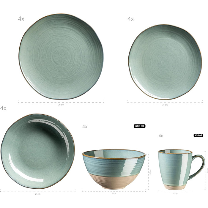 Серія Ноттінгем, вінтажний набір посуду на 4 персони, комбінований сервіз з 20 предметів з неправильними круглими формами в стилі ретро, керамограніт, бірюзово-зелений