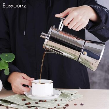 Кофеварка Easyworkz Diego для плиты, нержавеющая сталь, итальянская кофеварка, кофейник Moka на 6 чашек, кастрюля для индукции 300 мл эспрессо (520 мл, серебристый)