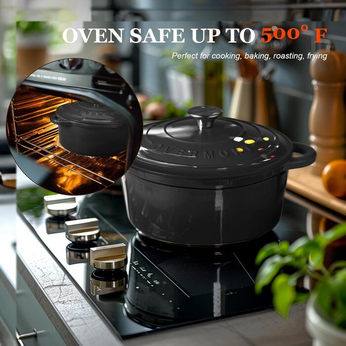 Чавунна форма для запікання Overmont Enamel - 26 см, придатна для використання в духовці, з кришкою та кулінарною книгою - для випікання, тушкування, запікання, білого кремового кольору (26 см-5,2 л, графітово-сірий)
