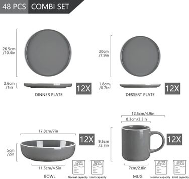 Столовий сервіз з керамограніту, сервіз посуду vancasso SNEFNUG, комбінований сервіз з 16 предметів, з тарілками для тортів, плоскими тарілками, кавовими чашками та мисками, скандинавський дизайн для 4-12 осіб (Dg, набір посуду з 48 предметів)