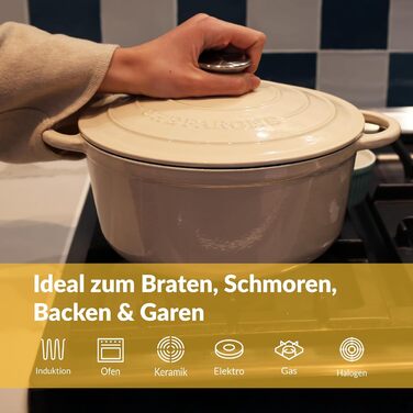 Чавунна каструля Chefarone 24 см, Емальована каструля з кришкою для випікання хліба, тушкування та запікання Хлібна каструля, сумісна з індукцією (вершки, 4,7 л)