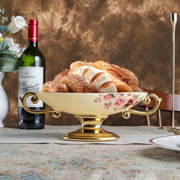 Порцелянова миска fanquare з хвилястими краями та квітковим принтом, вінтажна салатниця, керамічна фруктовниця на ніжці для вечірок (різнокольорова/фантазійна (кругле дно))