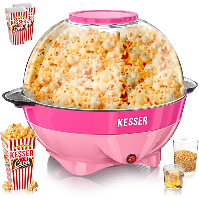 Велика машина для попкорну KESSER 800 Вт Машина для попкорну об&39ємом 5,5 л з кришкою з антипригарним покриттям та сервірувальною мискою для олії, вершкового масла, цукру, тиха та швидка, в комплекті мірна чашка та чашка для попкорну, знімна нагрівальна