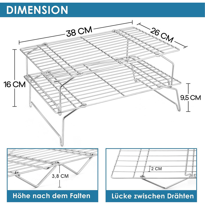 Охолоджувальна решітка Herogo, -Багаторівневий набір охолоджувальних стійок з нержавіючої сталі, прямокутна решітка для охолодження випічки, ідеально підходить для печива, тортів, хліба, 8x26 см, складається та штабелюється, можна мити в посудомийній маши