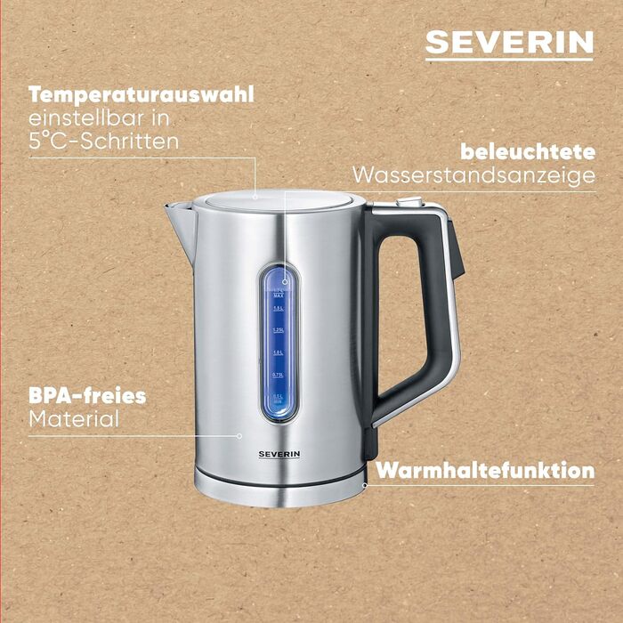 Цифровий чайник SEVERIN з потужністю швидкого кип'ятіння та індивідуальним вибором температури, об'єм наповнення 1,7 л XXL, матова нержавіюча сталь / чорний, 3000 Вт, 100 без бісфенолу А, WK 3418 одномісний