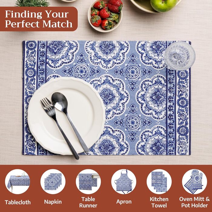 Бавовняні килимки для серветок, набір з 4 шт. , декоративні килимки для серветок, пасхальні килимки, що миються, для свят, вечерь, весни, літа (33 см x 48 см) (014 - Melodie Bleue), 39Hermine 100