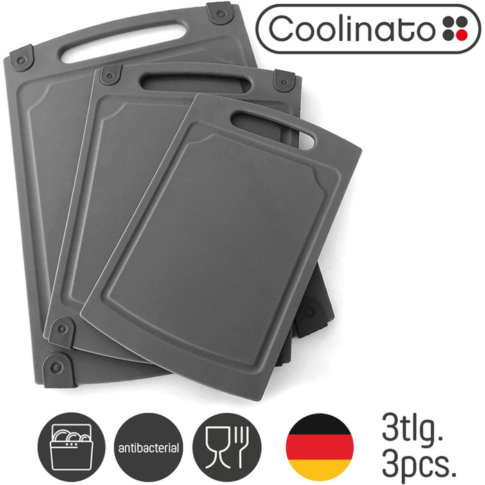 Набір обробних дощок Coolinato, 3 шт., різні розміри, антибактеріальні дошки з жолобком для збору рідини, 3 кольори для гігієнічного розділення продуктів (сірий, розміри S, M та L)