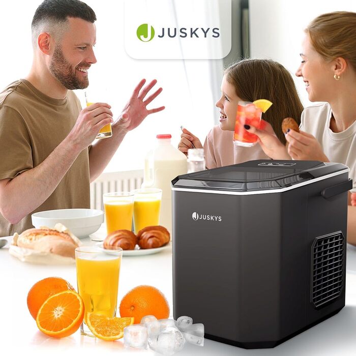 Льодогенератор Juskys IceOracle - Коктейльний лід за 6-13 хв - Міні-льодогенератор на 12 кг/день - Великий контейнер для льоду - Білий (чорний)