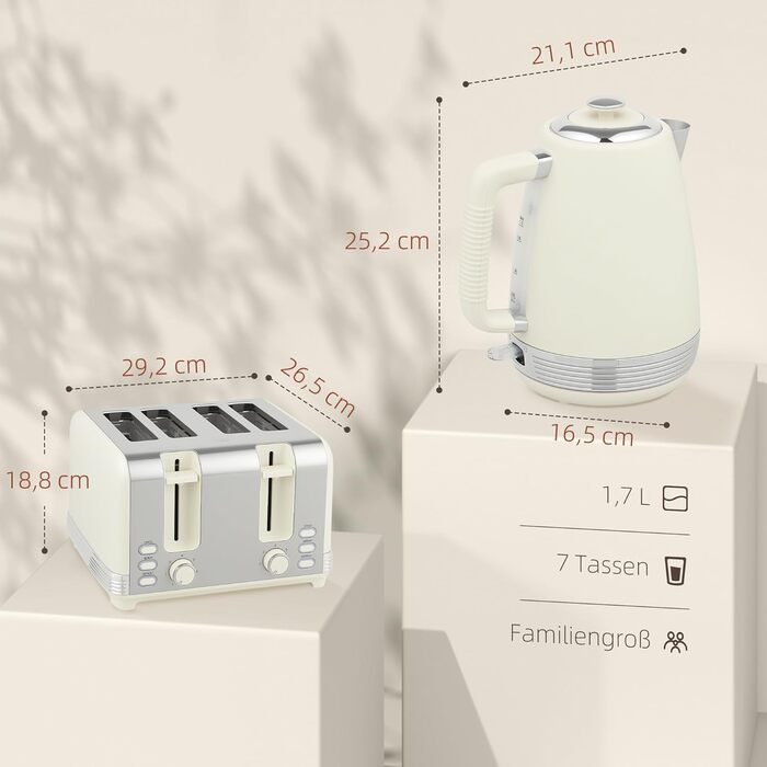 Набір тостерів HOMCOM Kettle, набір для сніданку з нержавіючої сталі з тостером на 4 скибочки, чайник 1,7 л, 2200 Вт, 7 рівнів підрум&39янення, піддон для крихт, розморожування, розігрівання та термостат Strix, вершки