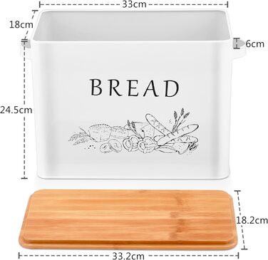 Хлібниця Herogo, металева хлібниця з дерев'яною кришкою для різання хлібної дошки, дуже велика хлібниця для великих буханок хліба, компактне відділення для зберігання хліба для кухонної стільниці, 33 x 18 x 24,5 см (біла)