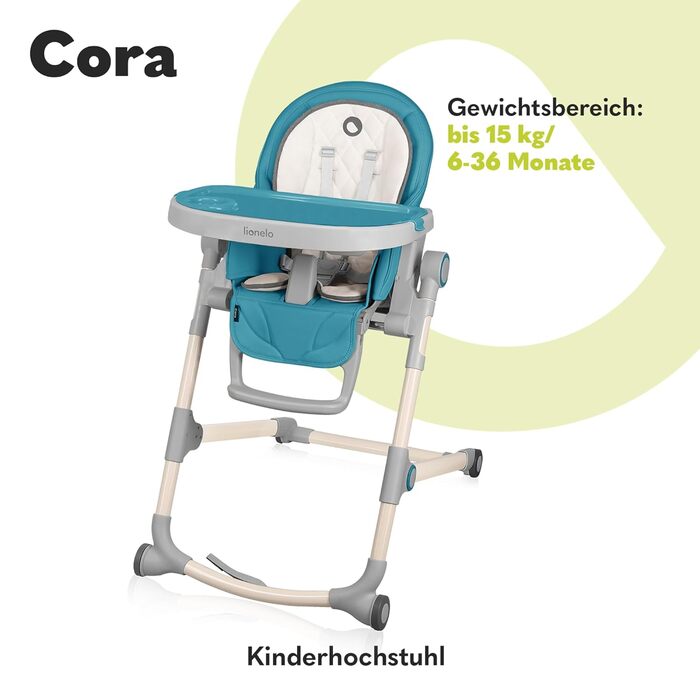 Стільчик для годування LIONELO Cora, регульований стільчик для годування, знімний піднос, нековзний, від 6 до 36 місяців, 5-точковий ремінь безпеки, максимальне навантаження 15 кг (синій, стандартний)