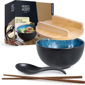 Включая крышку и ложкуBlack Ramen Bowl Set на 4 персоны - для супа, фо и суши боул ( миска), 4 шт., Set Ramen Blue Reactive