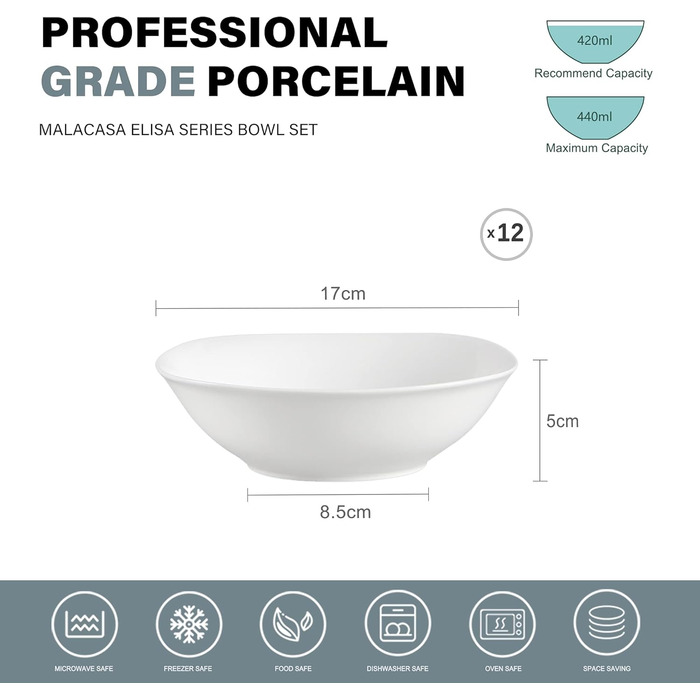 Серія Elisa, 12-предметний кавовий набір з кремового порцеляни, кавові чашки та блюдця на 6 осіб для кави, чаю, десертів (білий, миска для пластівців (12 шт.))