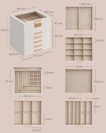 Скринька органайзер для ювелірних виробів 6-рівнева 20,3 x 23,1 x 22,8 см, хмарно-біла SONGMICS
